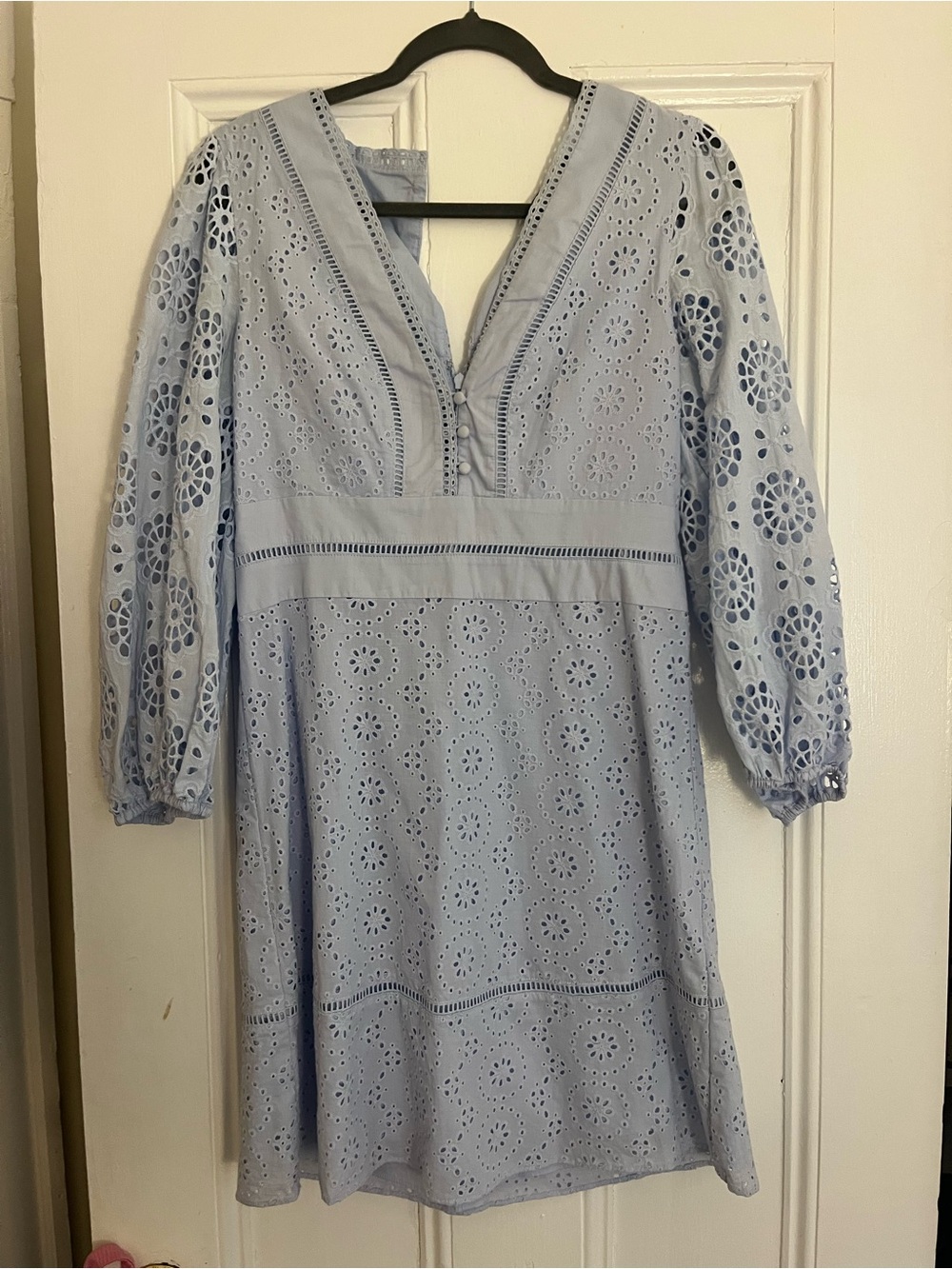 Banana Republic Light Blue Eyelet V-Neck Long Sleeve Dress